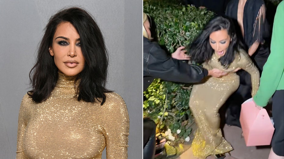 Kim Kardashian's gold Gucci gown moment turns chaotic after stumble into bush