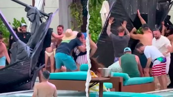 Terrifying scene unfolds as metal cabana frame crashes into packed casino pool area